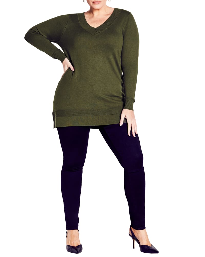 Front of a model wearing a size 18 RIB TRIM JUMPER in Khaki by Evans. | dia_product_style_image_id:302933